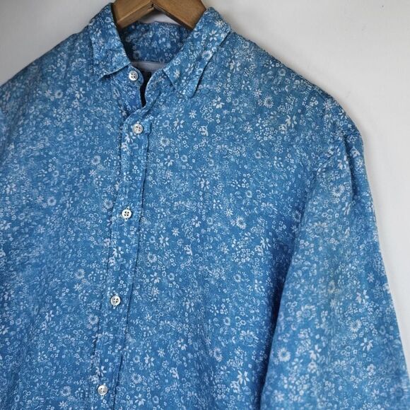 Frank and Eileen Linen Button Up Shirt Womens Small Blue Floral Long Sleeve - Picture 3 of 16
